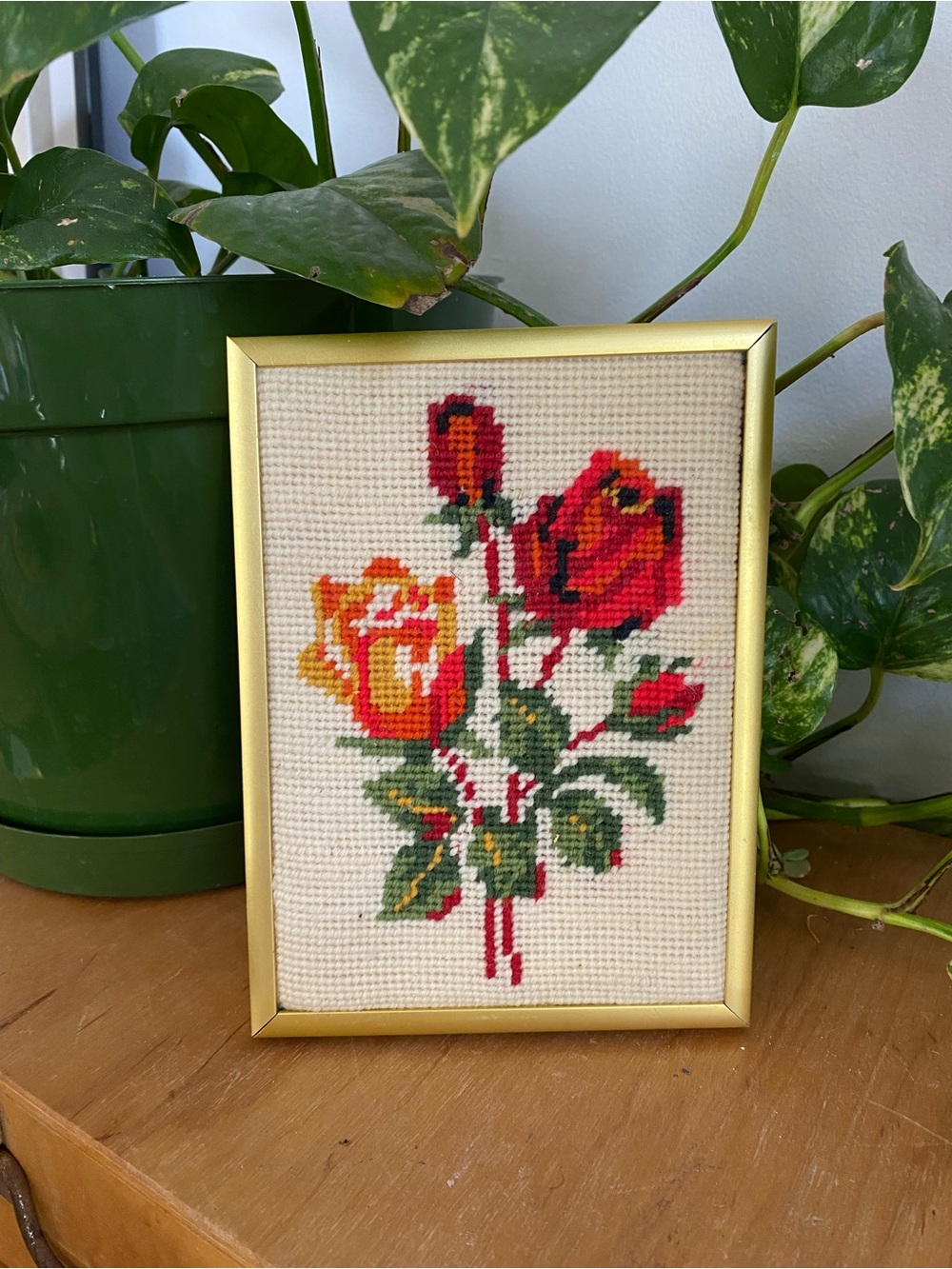 Vintage Framed Cross Stitch Rose Bouquet with Gold Frame